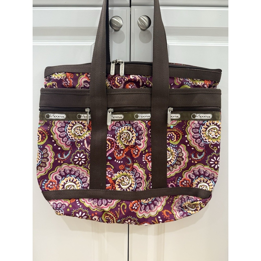 LeSportsac Tote Bag Large Travel Purse Floral Brown Red Multicolor 16"x14" - Picture 3 of 10